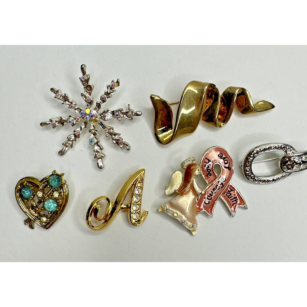 Lot Brooch Initial A Heart Angel Snowflake Ribbon Rhinestones Set of 6 Pin
